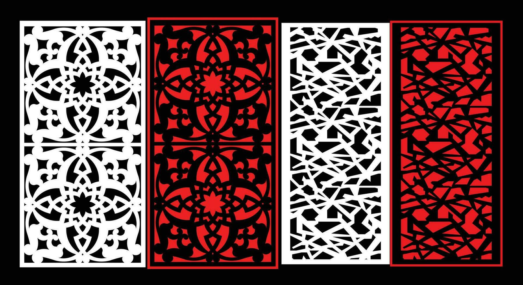 Decorative wall panels set Jali design CNC pattern, laser cutting pattern, router CNCcutting.Jali Laser cut decorative panel set with lace pattern. vector