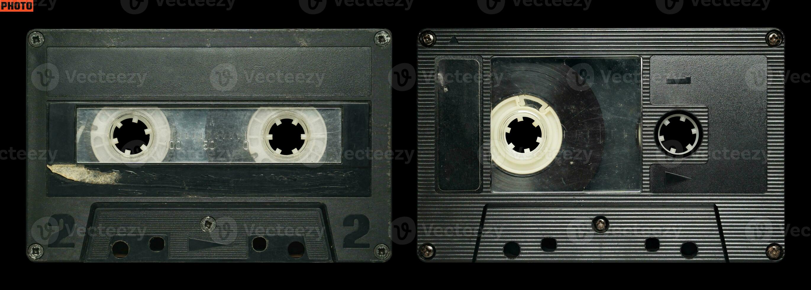 Old cassette tape collection with blank label mockup templates photo