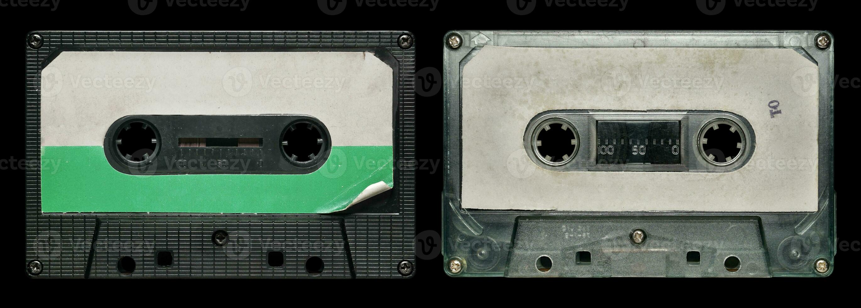 Old cassette tape collection with blank label mockup templates photo