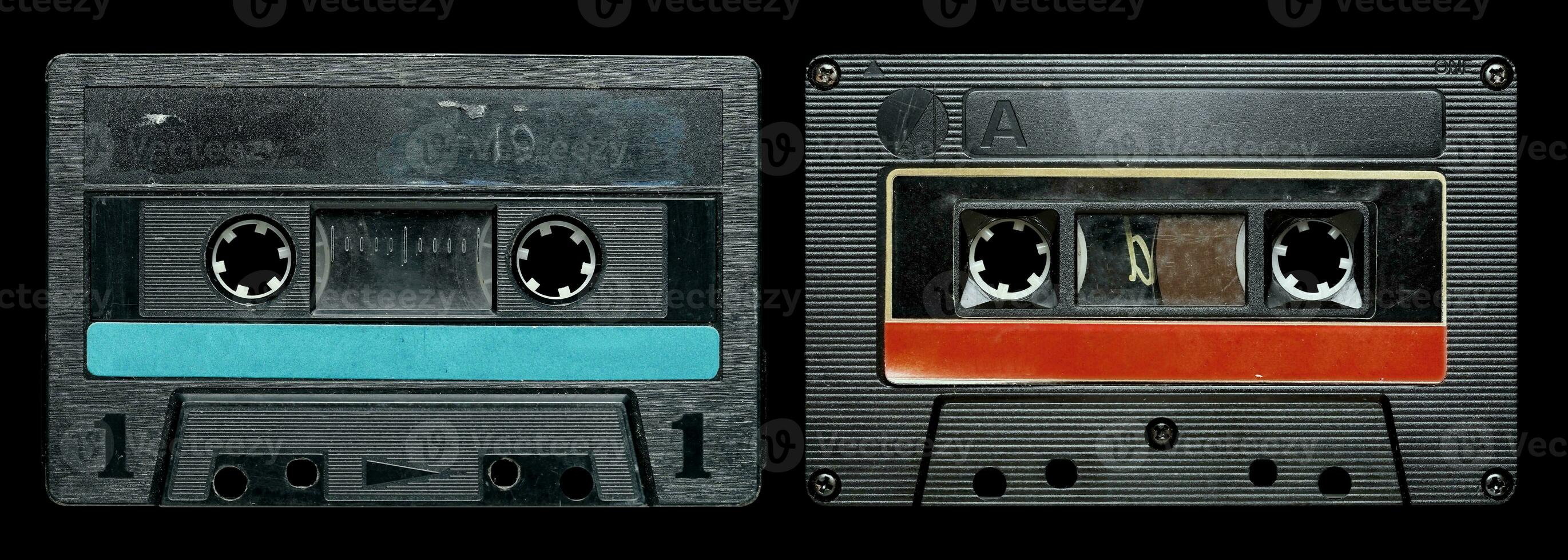 Old cassette tape collection with blank label mockup templates photo