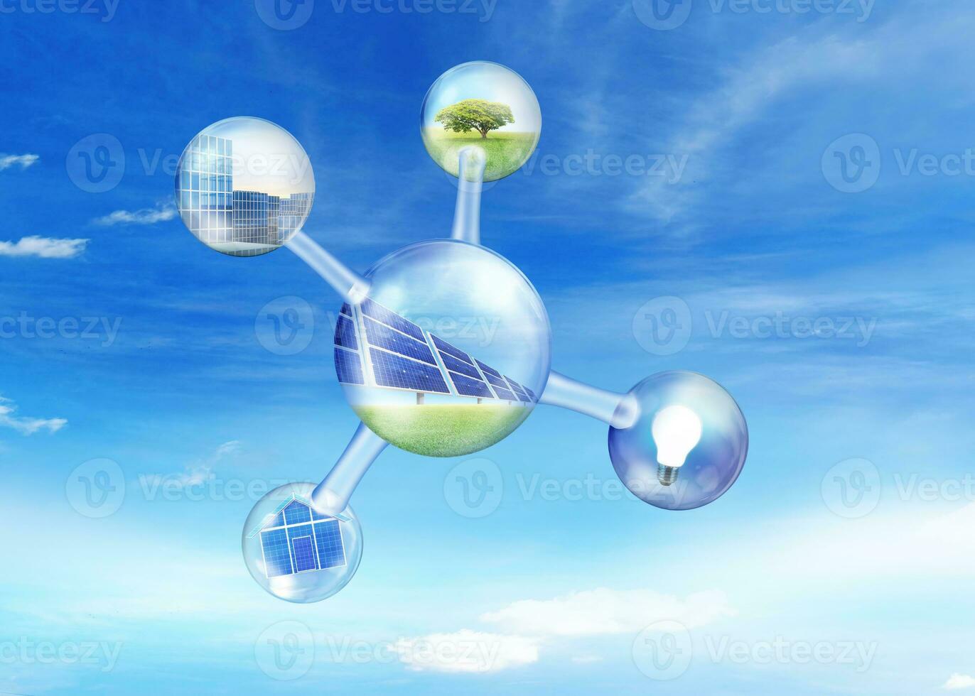 Solar panels on blue sky, solar power plant, blue solar panels, renewable energy source, solar farm in molecular view photo