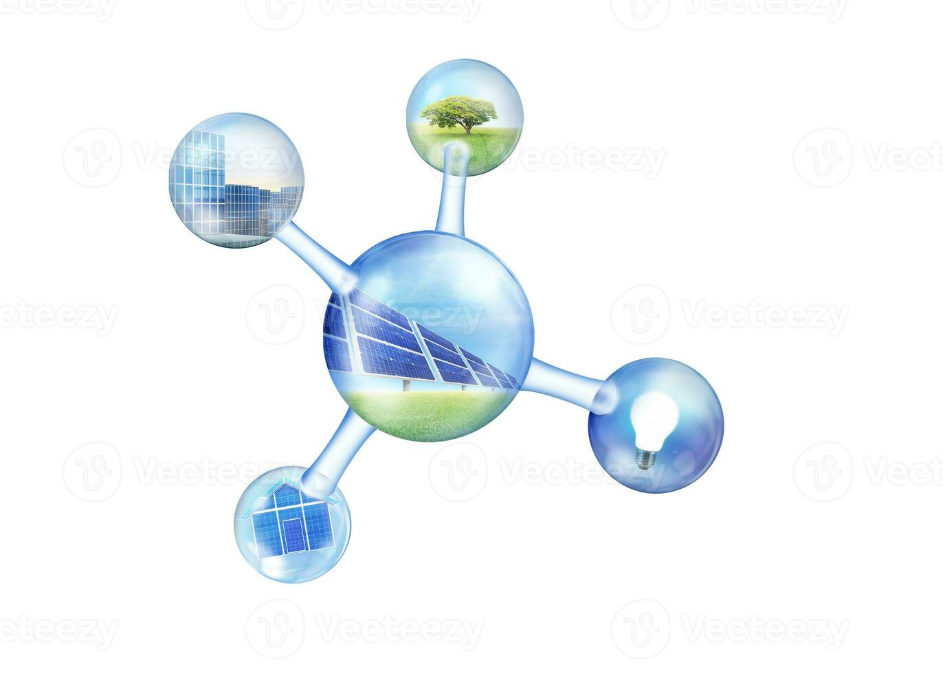 Solar panels on blue sky, solar power plant, blue solar panels, renewable energy source, solar farm in molecular view photo