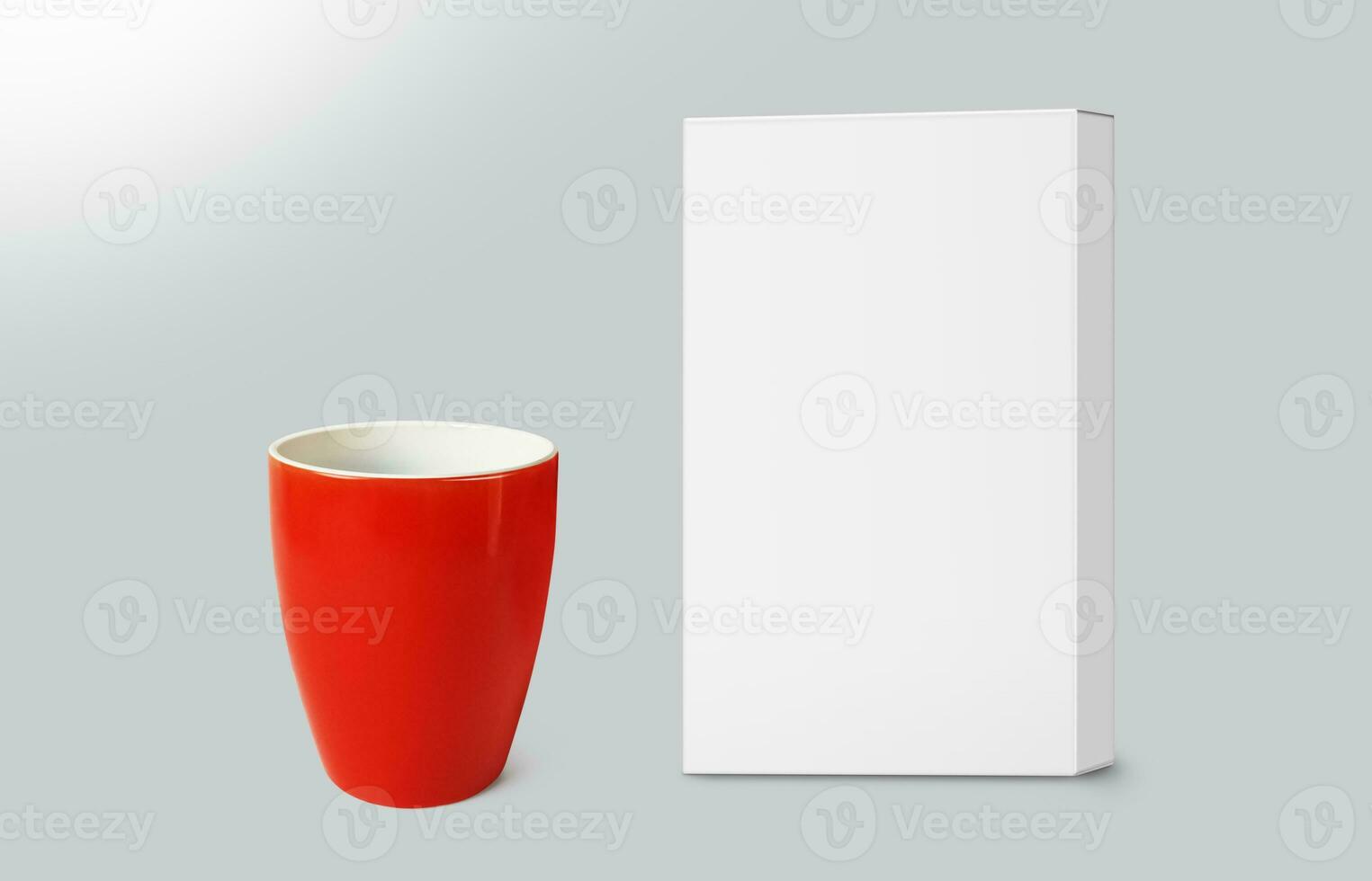 Cardboard box and empty red coffee mug isolated on gray background 3D rendering photo