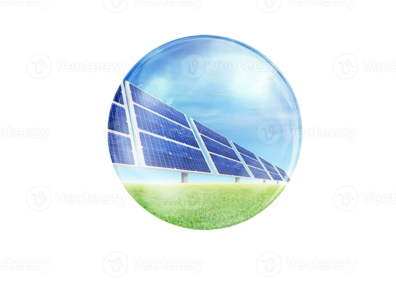 Solar panels on blue sky, solar power plant, blue solar panels, renewable energy source, solar farm in bubble view. photo