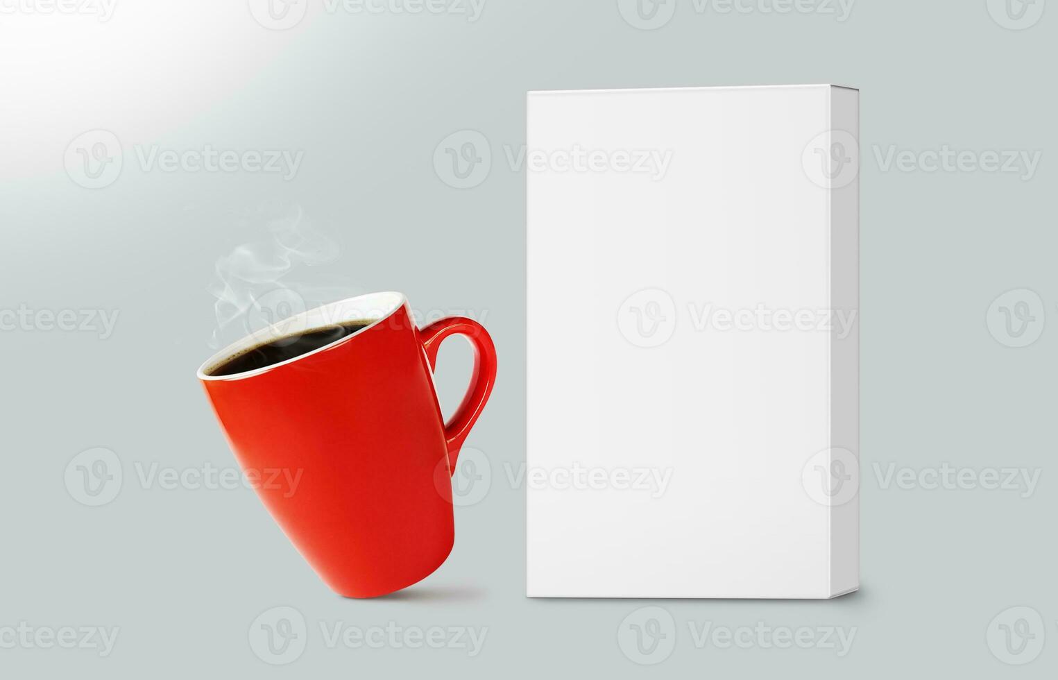 Cardboard box and red coffee mug mockup isolated on gray 3d background photo