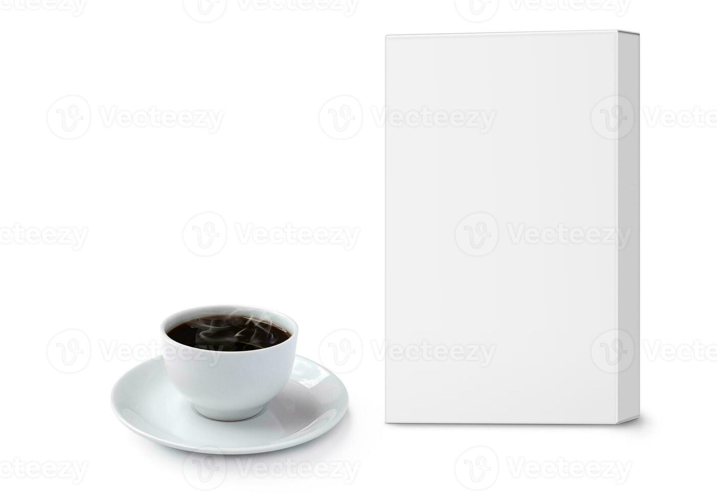 Empty cardboard box and coffee mugs isolated on white background  3D rendering photo