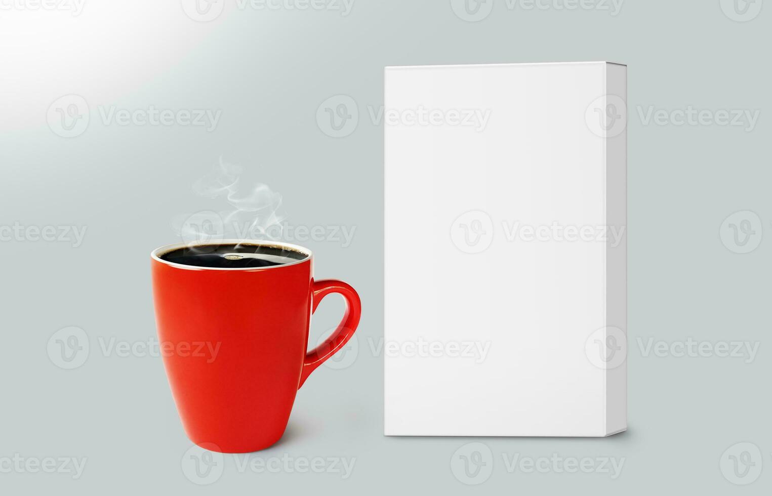 Cardboard box and red coffee mug mockup isolated on gray 3d background photo
