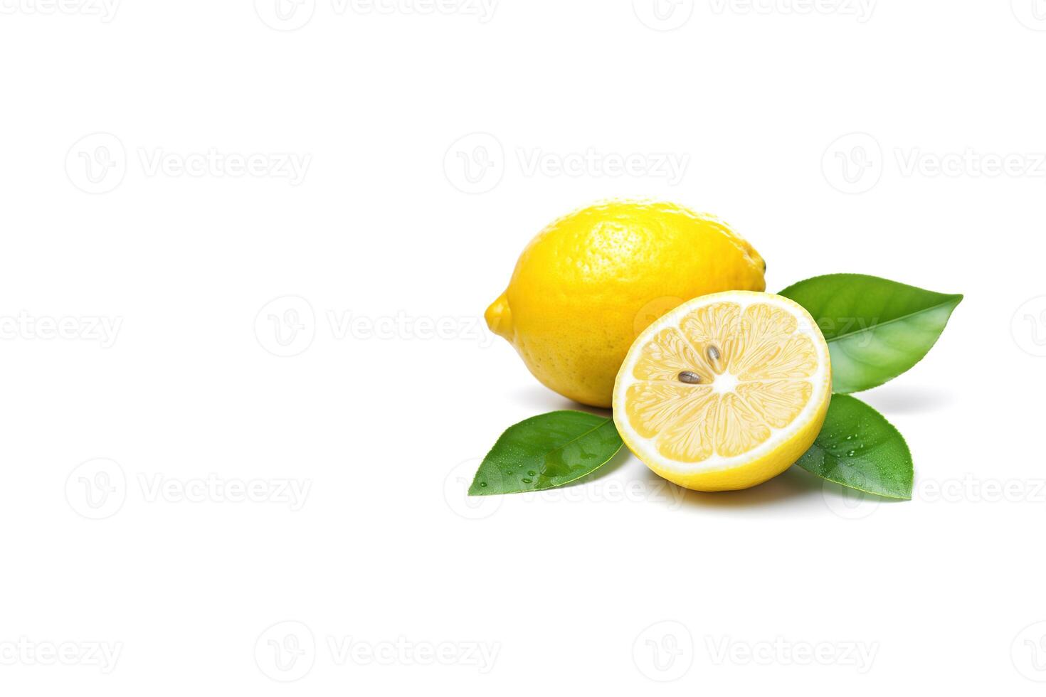 Whole and slice lemon with leaves isolated on white background with copy space. photo