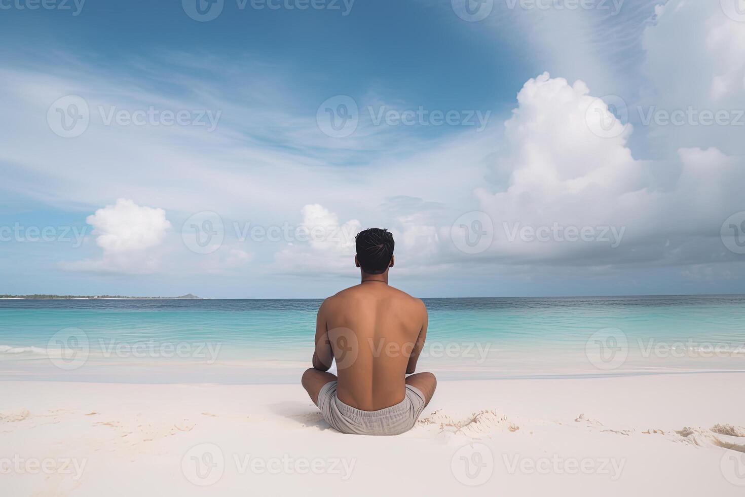 espalda ver de un hombre sentado en un playa. ai generado foto