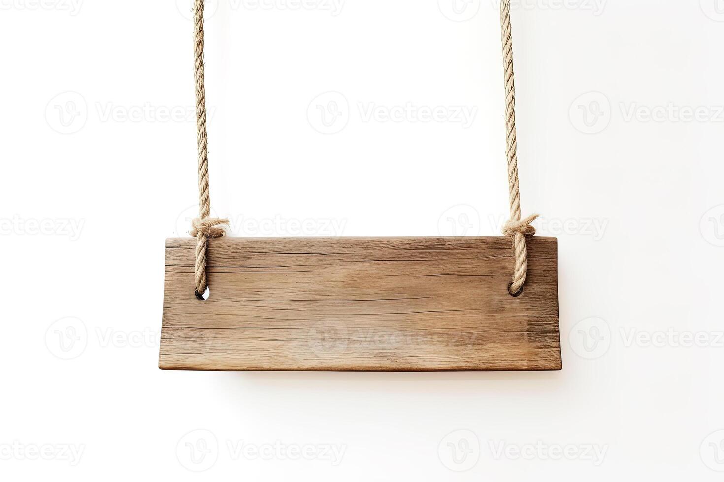 Wooden sign plain hanging from rope isolated on white background. photo