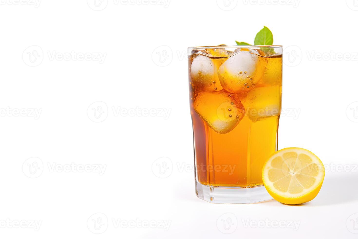 a glass of iced lemon tea with a slice of lemon isolated on white background with copy space. photo