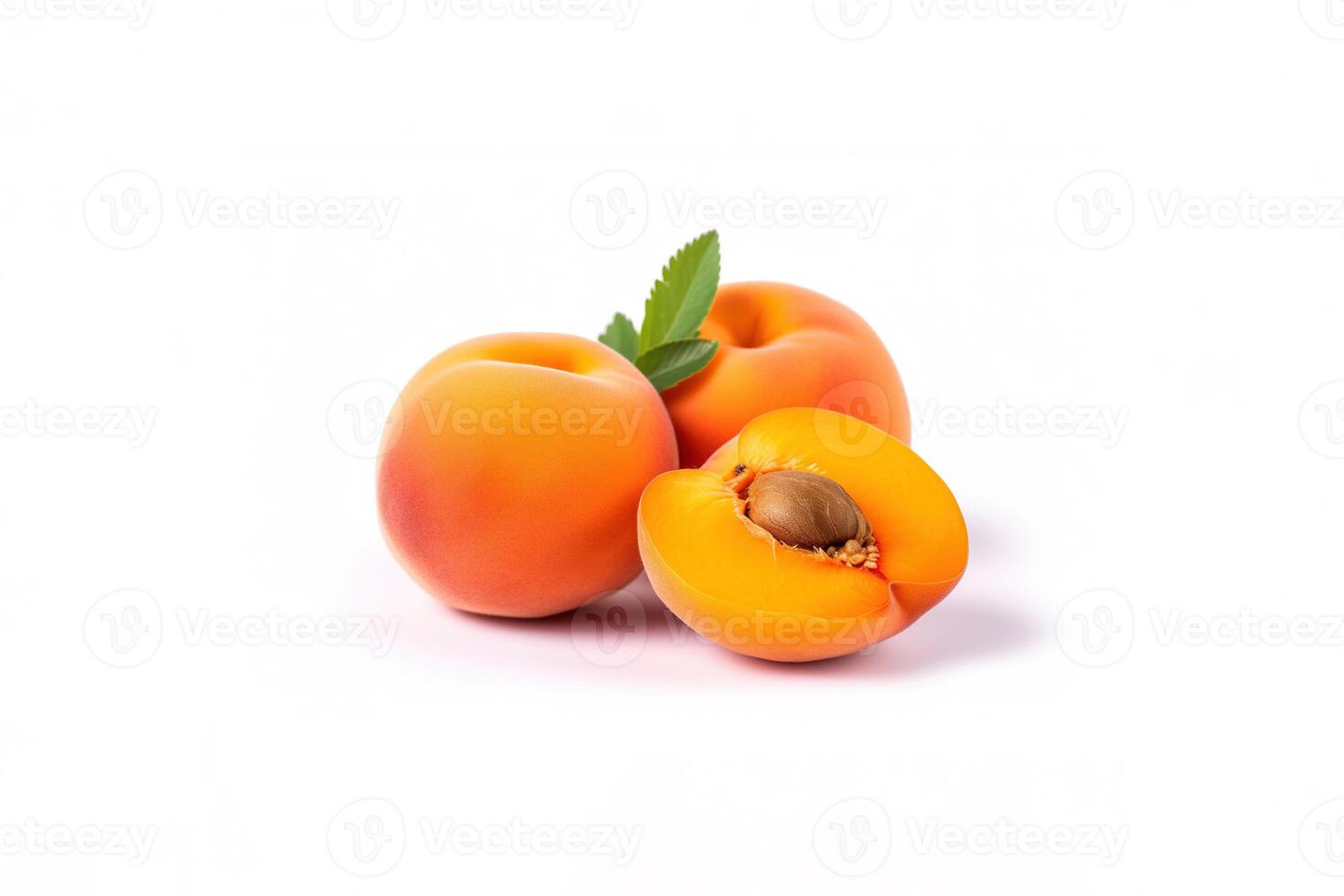 Fresh whole and sliced peaches apricots isolated on white background. photo