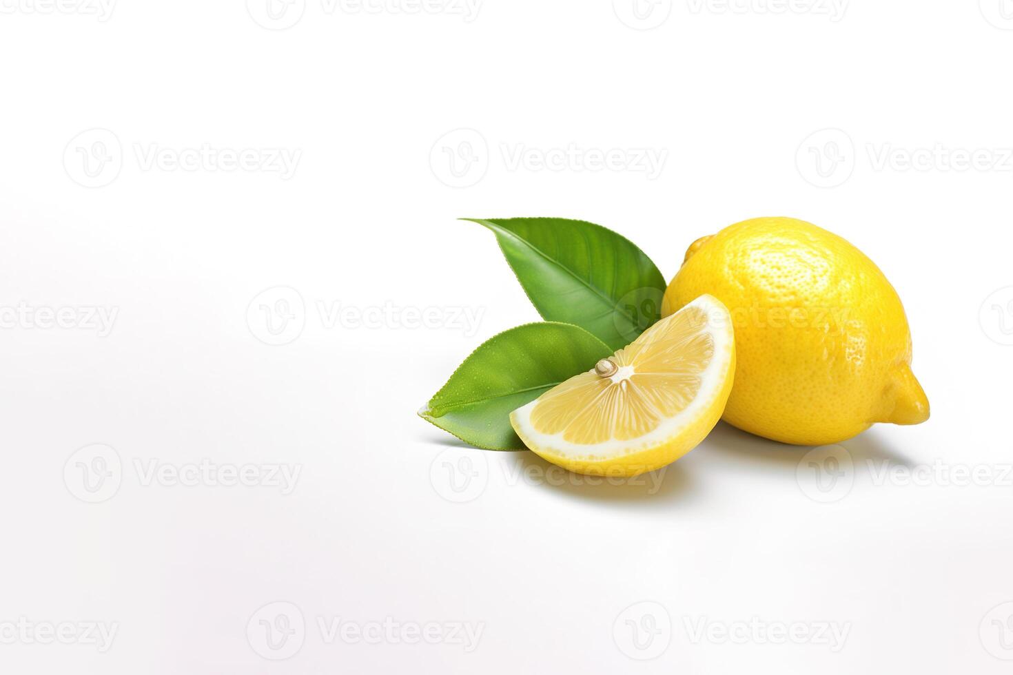 Whole and slice lemon with leaves isolated on white background with copy space. photo