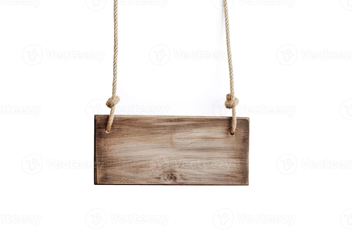 Wooden sign plain hanging from rope isolated on white background. photo