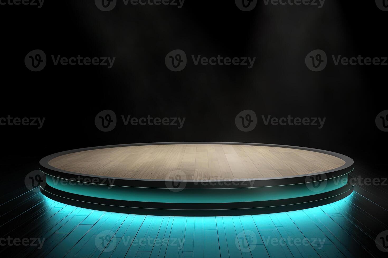 a wooden circular platform podium with a cyan neon light on dark background. photo