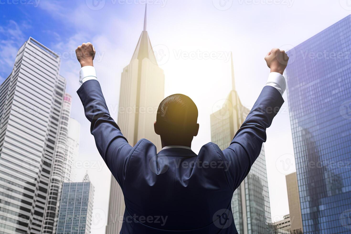 Successful businessman raising hand and expressing positivity while standing against skyscrapers background. photo