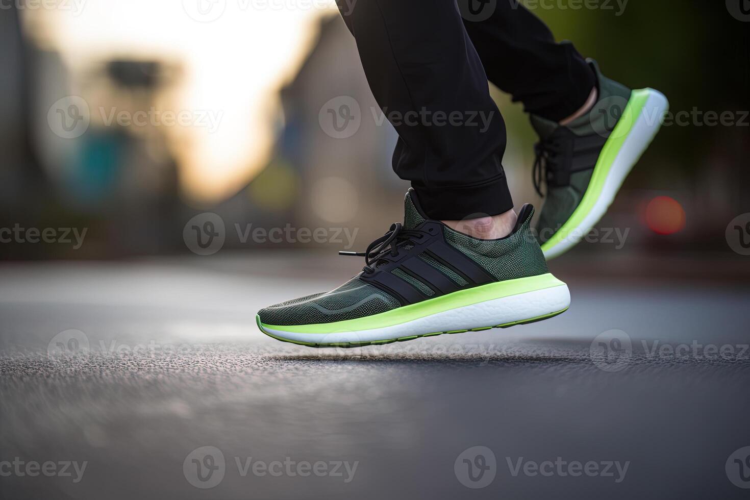 Legs view of a person walking on the road wearing sports shoes. photo