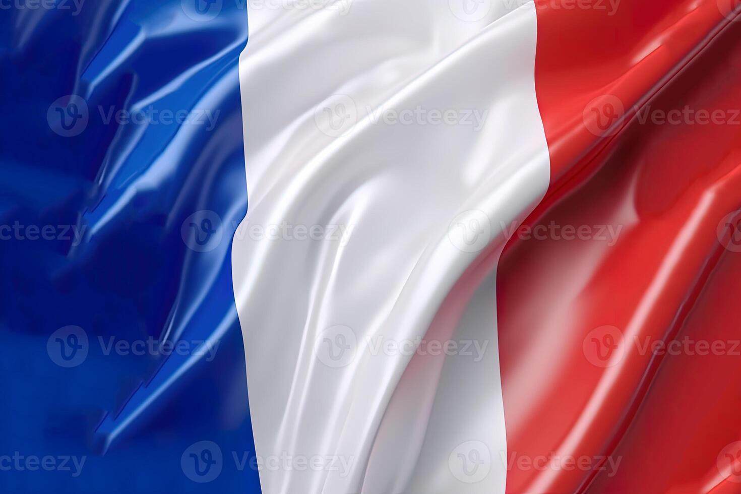 azul, blanco y rojo fondo, ondulación el nacional bandera de Francia, saludó un muy detallado de cerca. ai generado foto