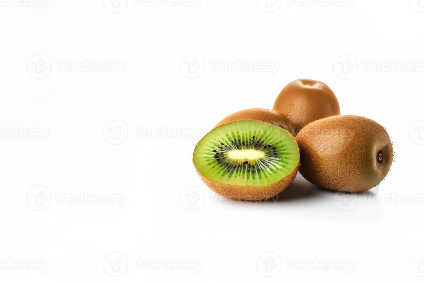 Fresco todo y rebanado kiwi aislado en blanco antecedentes con Copiar espacio. ai generado foto