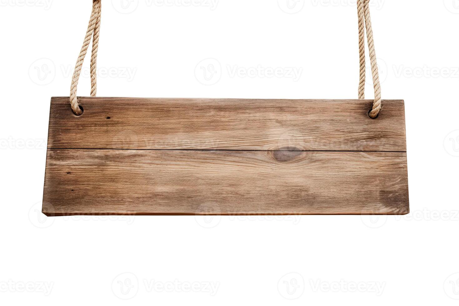 Wooden sign plain hanging from rope isolated on white background. photo