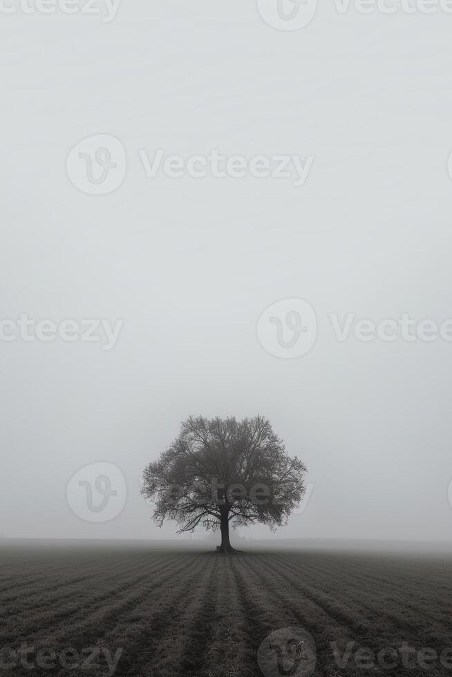 a lone tree stands alone in a foggy field with copy space for text. photo