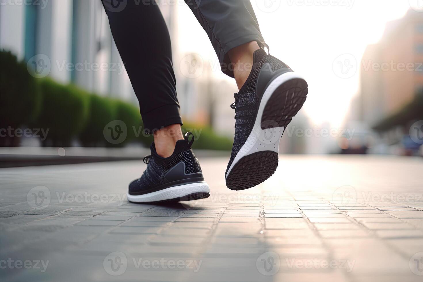 Legs view of a person walking on the road wearing sports shoes. photo