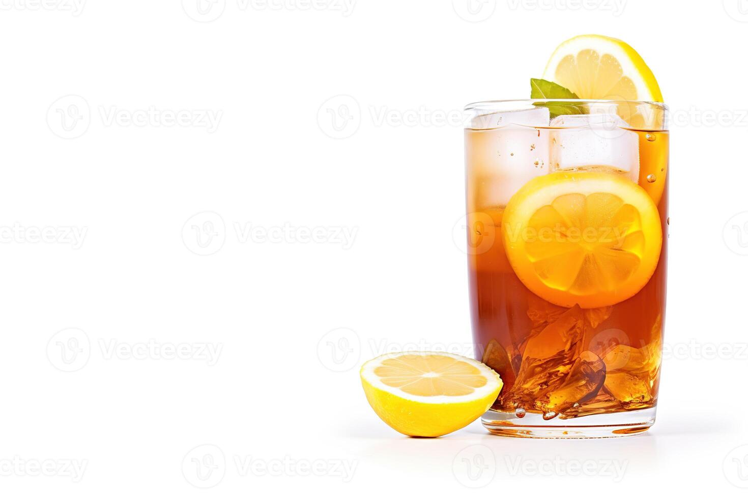 a glass of iced lemon tea with a slice of lemon isolated on white background with copy space. photo