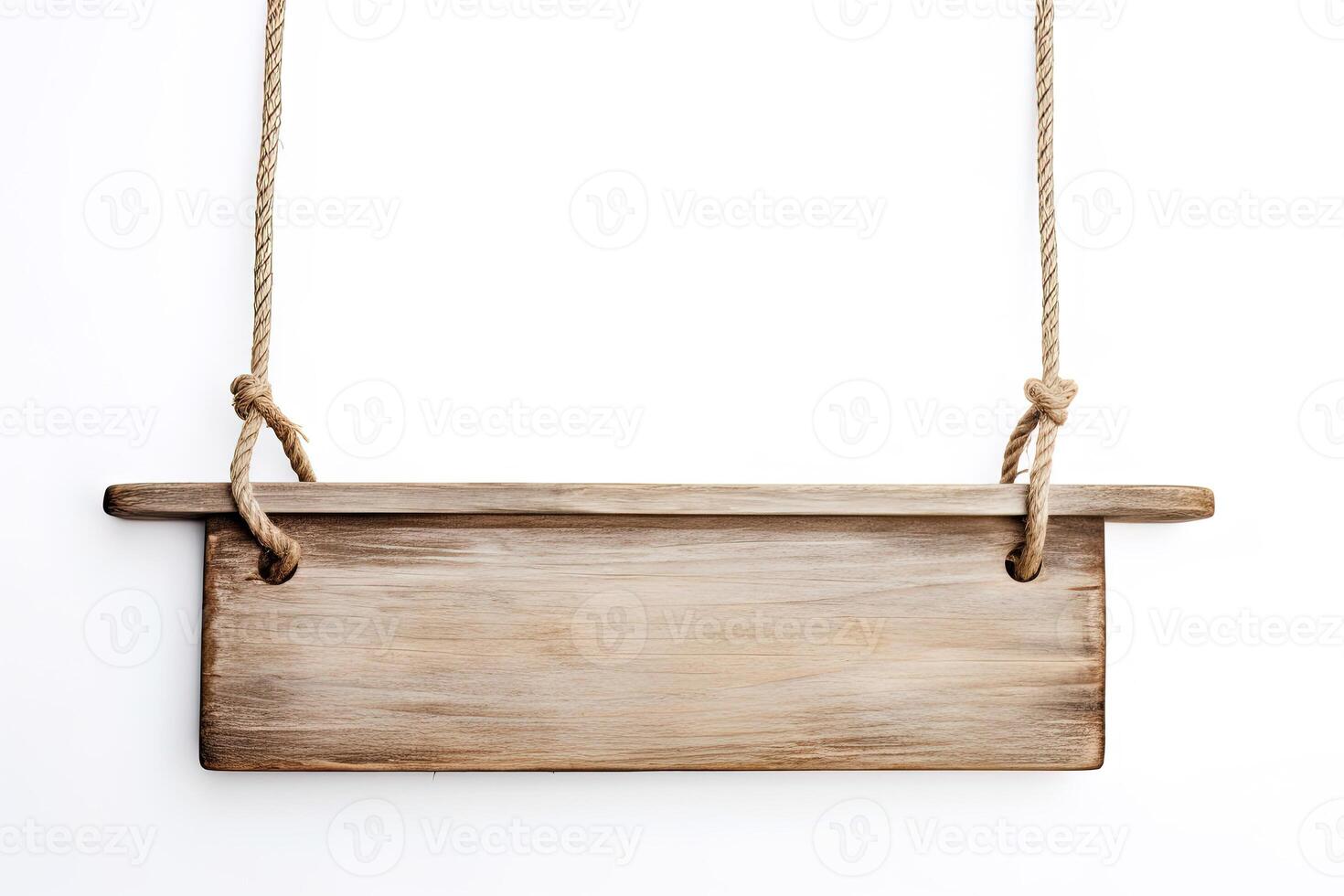 Wooden sign plain hanging from rope isolated on white background. photo