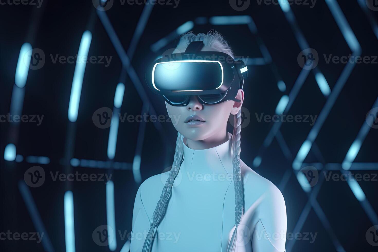 a woman wearing a virtual reality headset. photo