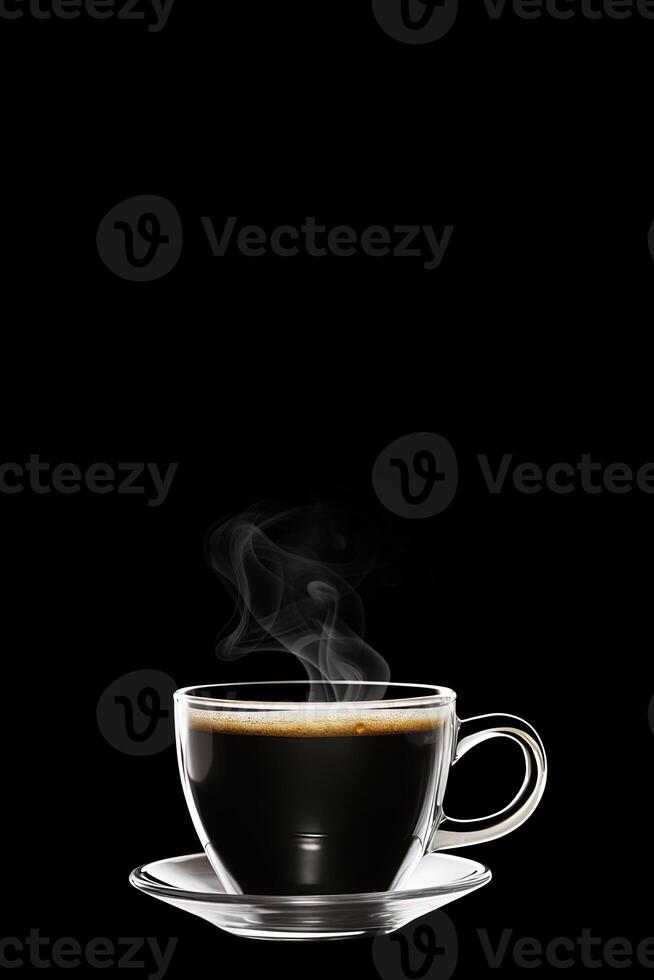 Close up a cup of a black hot coffee with smoke on black background with copy space. photo