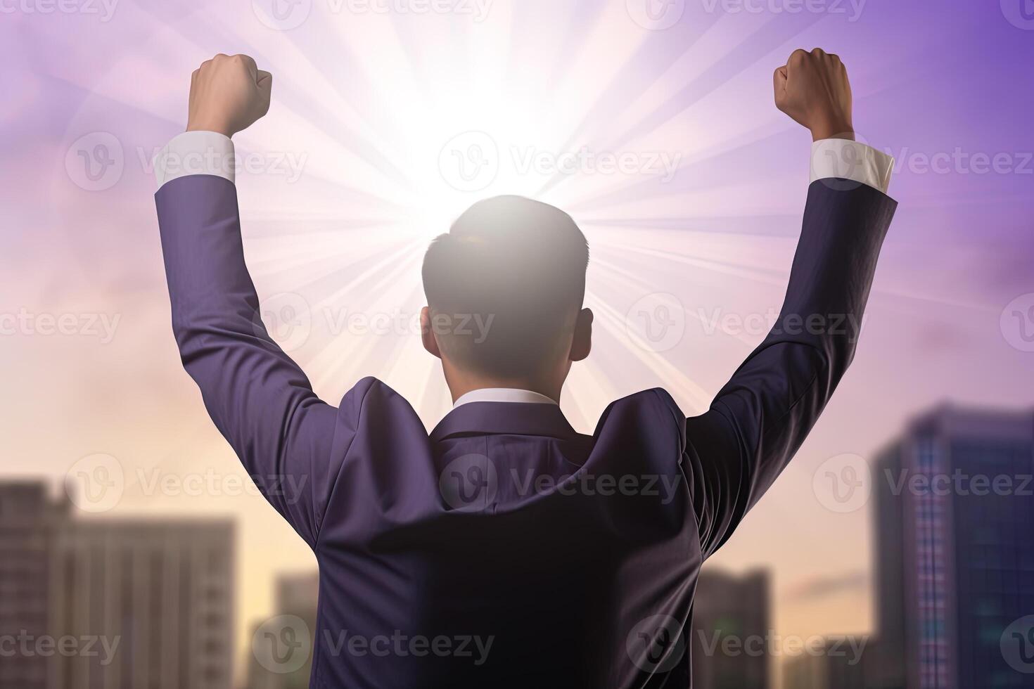 Successful businessman raising hand and expressing positivity while standing against skyscrapers background. photo