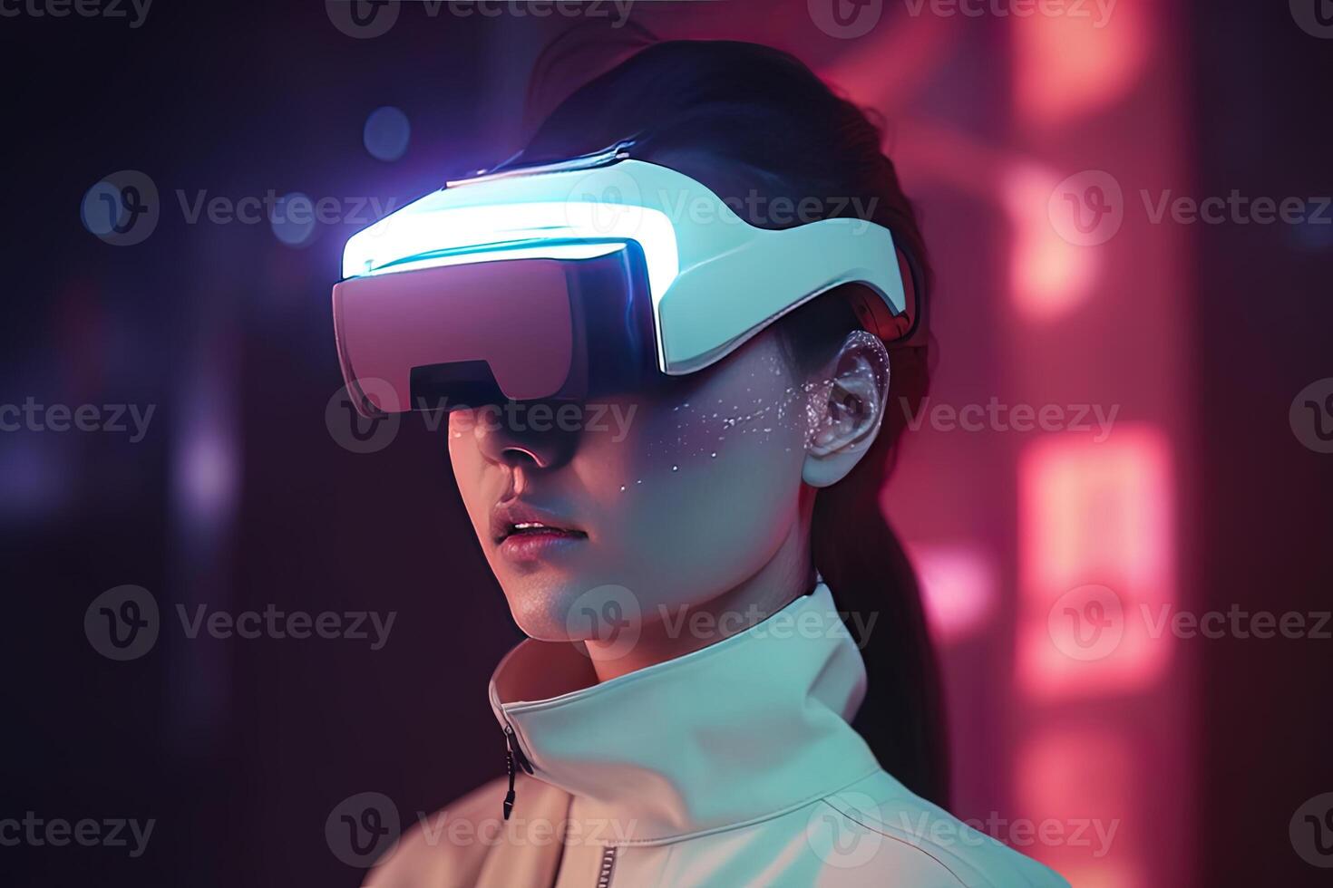 a woman wearing a virtual reality headset. photo