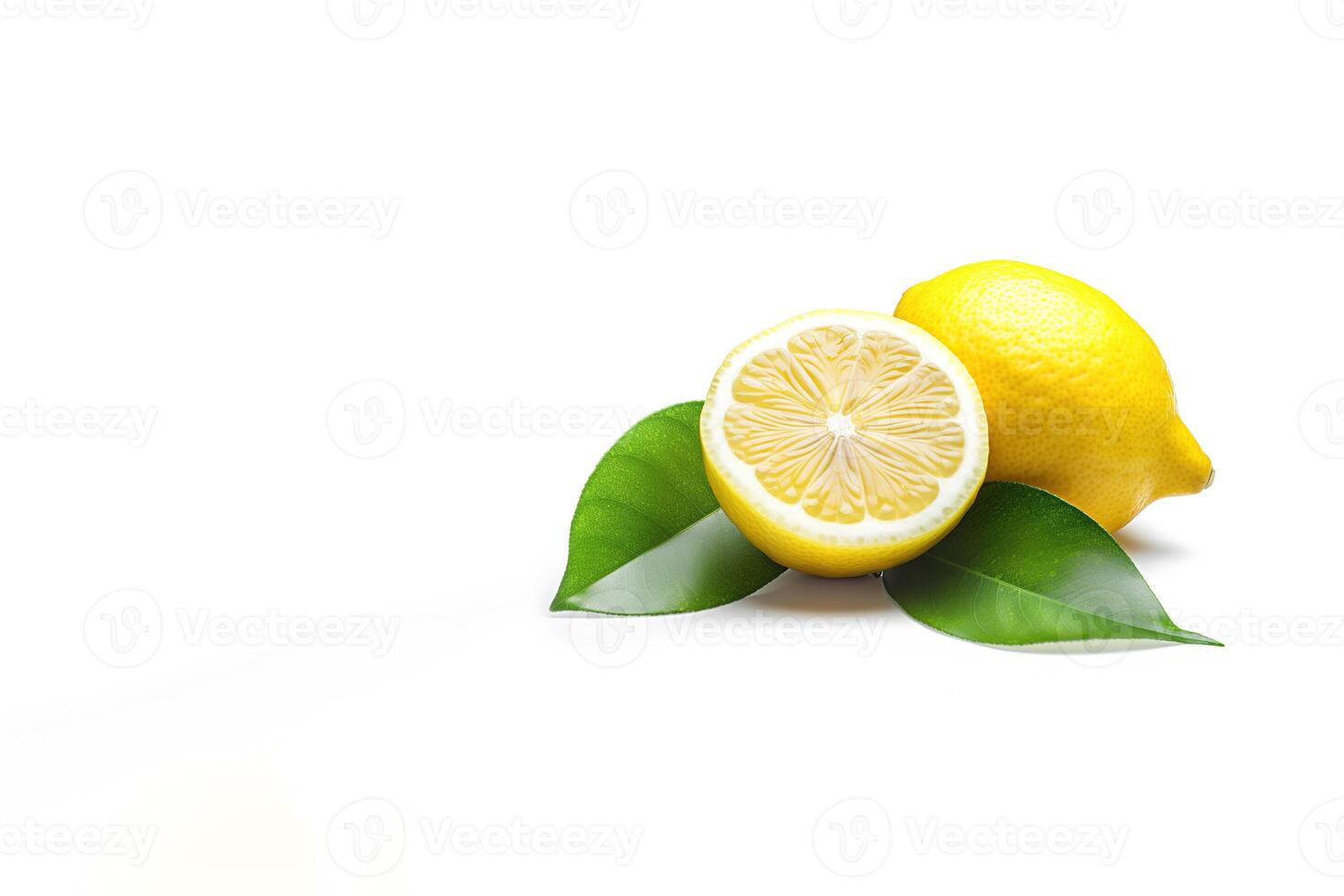 Whole and slice lemon with leaves isolated on white background with copy space. photo