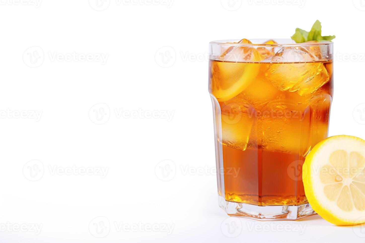 a glass of iced lemon tea with a slice of lemon isolated on white background with copy space. photo