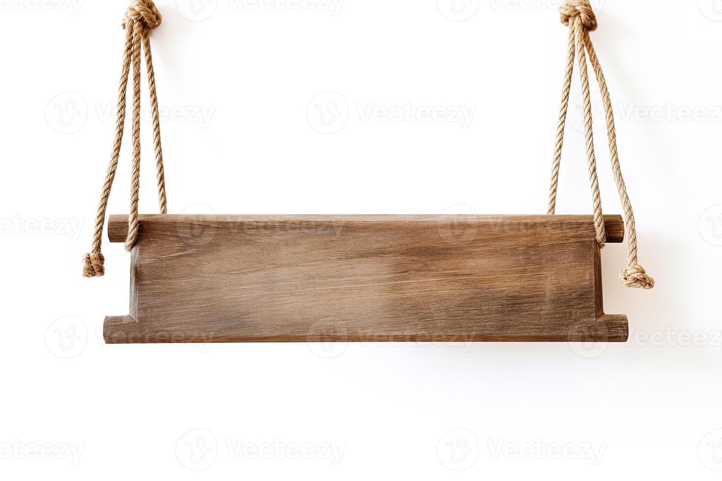 Wooden sign plain hanging from rope isolated on white background. photo