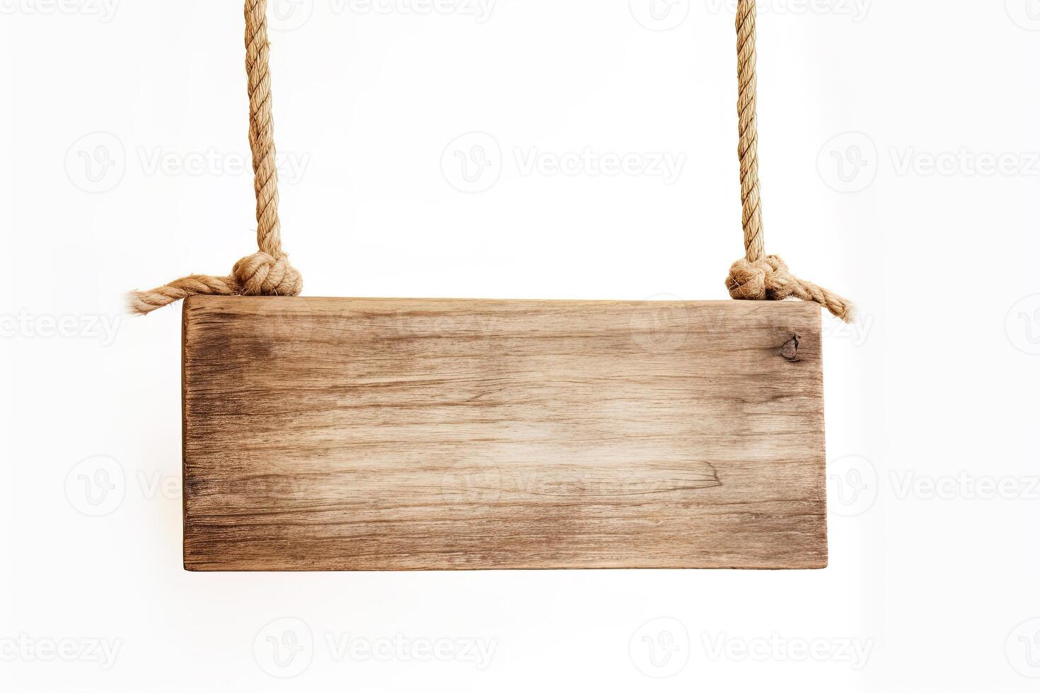 Wooden sign plain hanging from rope isolated on white background. photo