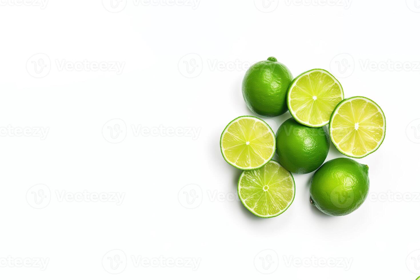 Top view of whole and slice lime isolated on white background with copy