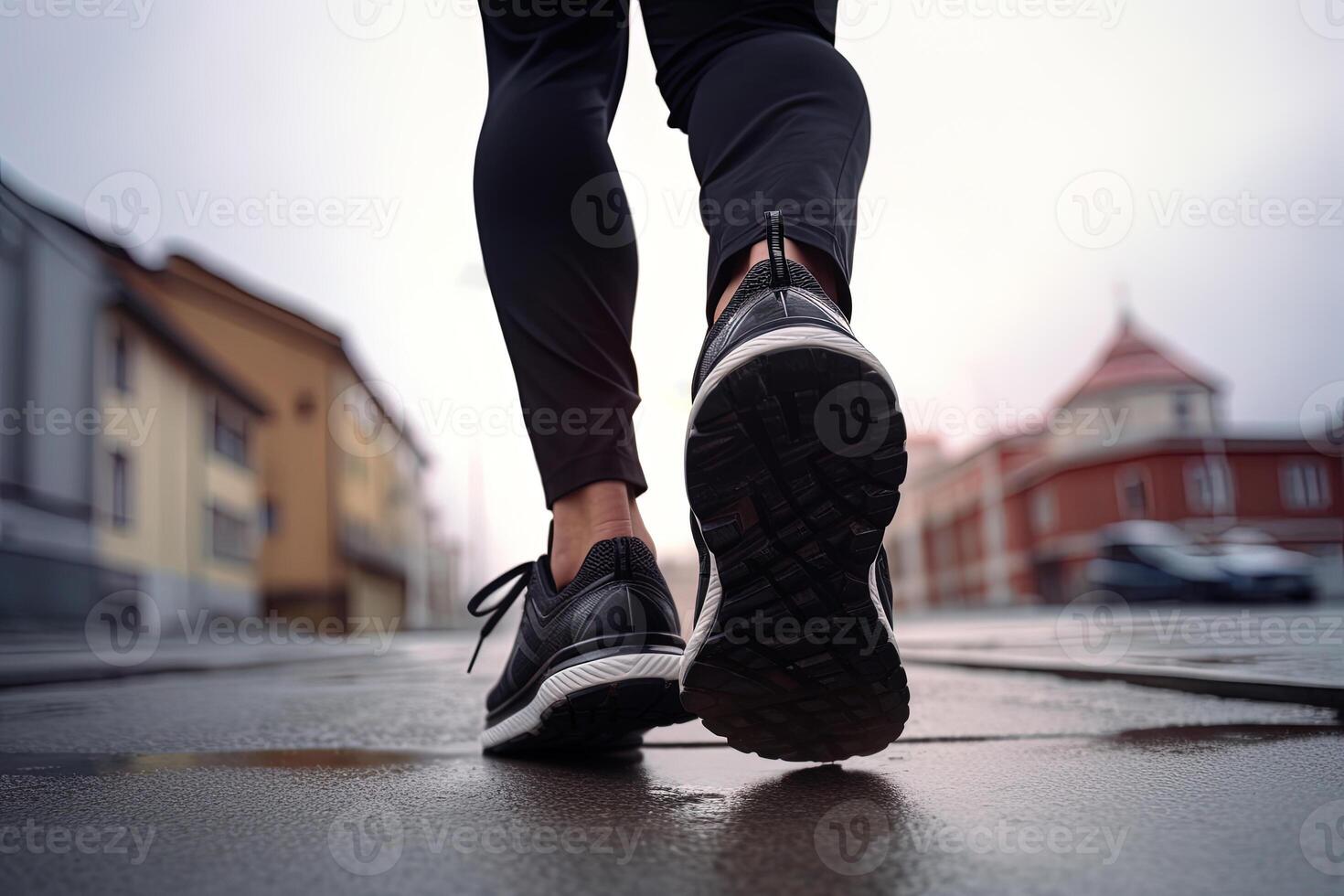 Legs view of a person walking on the road wearing sports shoes. photo