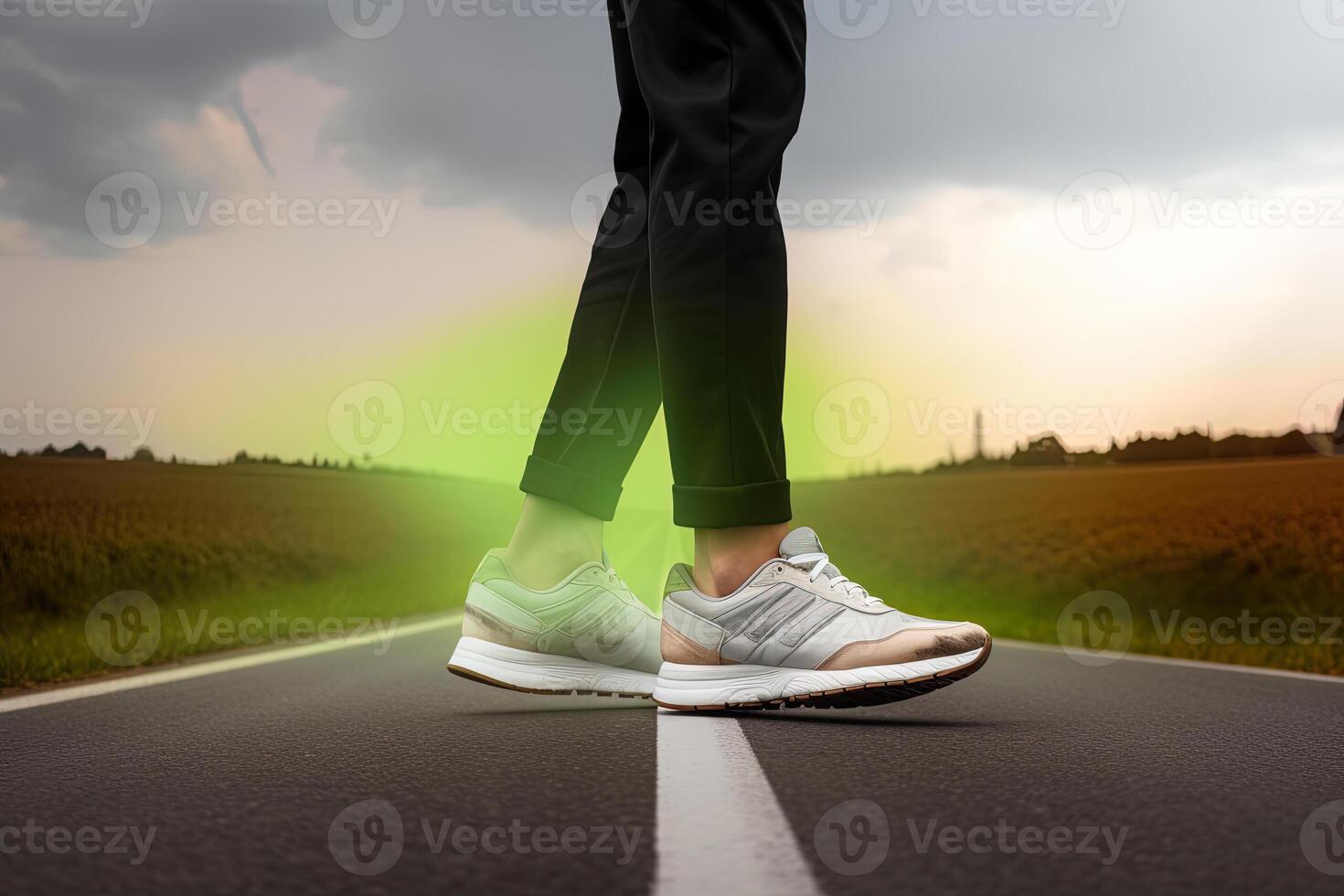 Legs view of a person walking on the road wearing sports shoes. photo