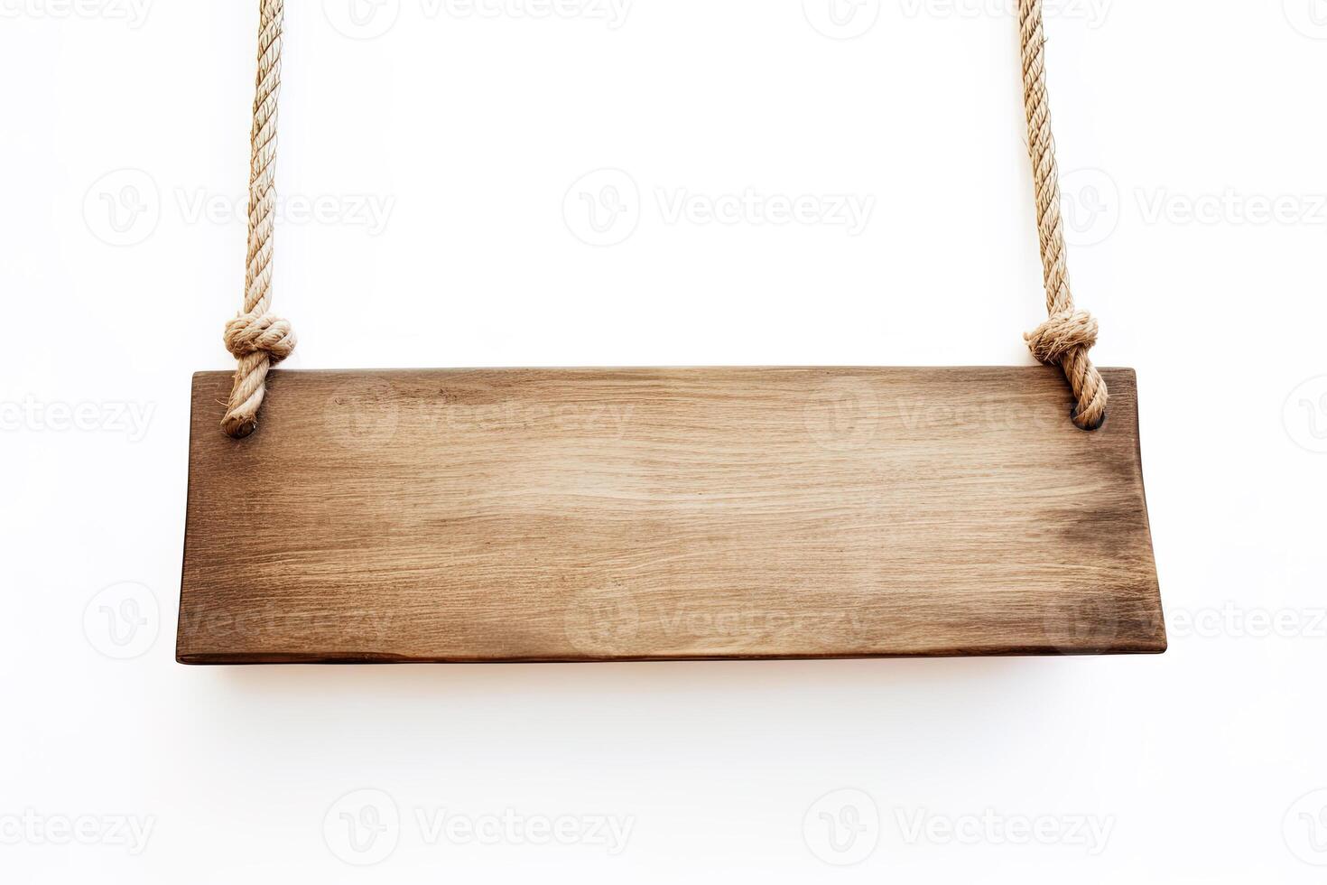 Wooden sign plain hanging from rope isolated on white background. photo