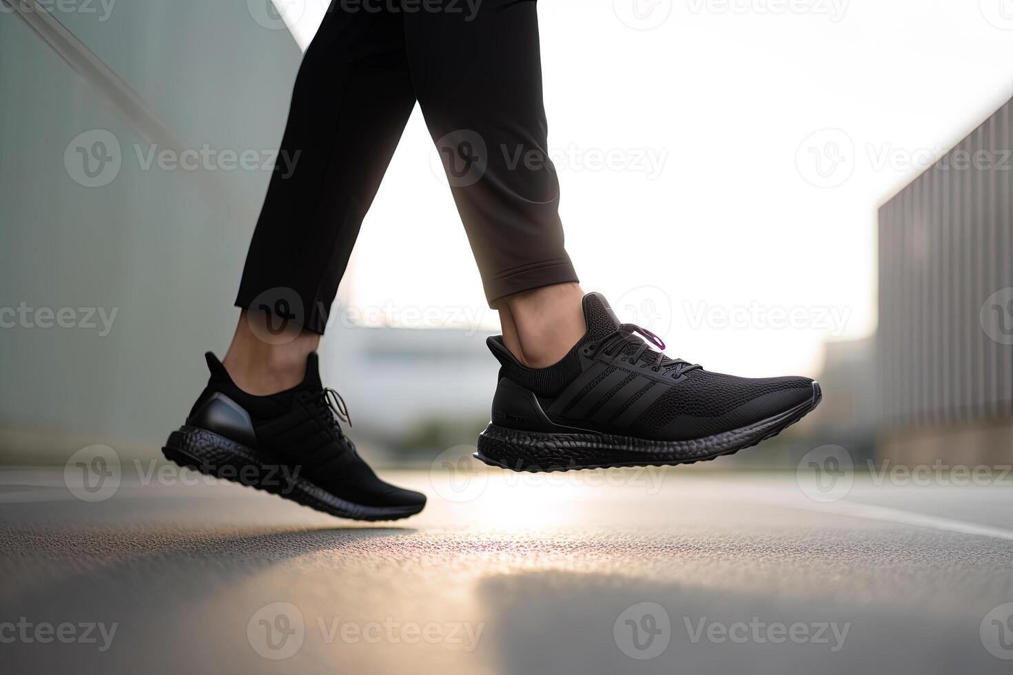 Legs view of a person walking on the road wearing sports shoes. photo