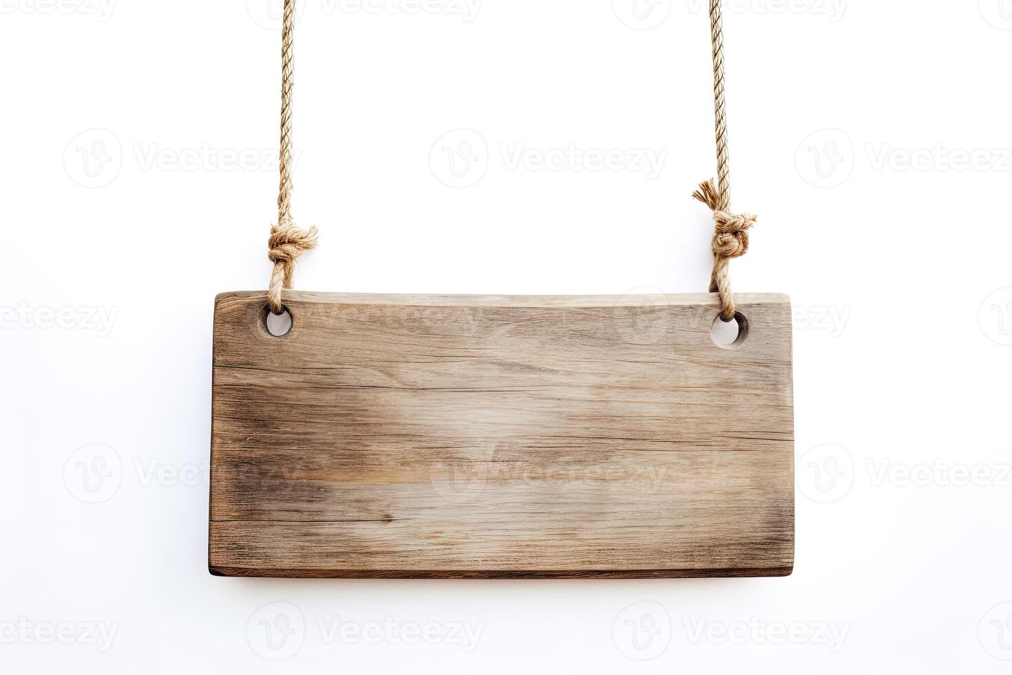 Wooden sign plain hanging from rope isolated on white background. photo