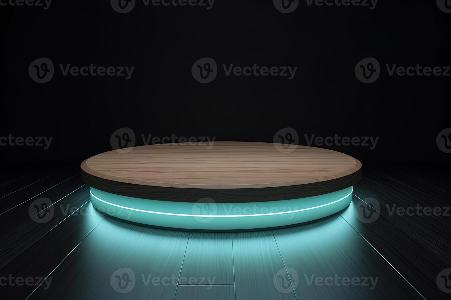 a wooden circular platform podium with a cyan neon light on dark background. photo
