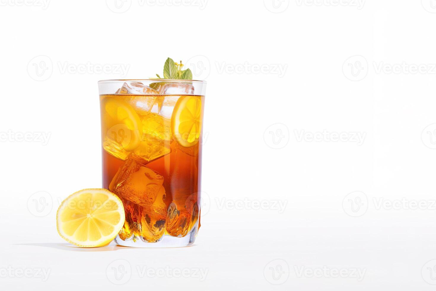 a glass of iced lemon tea with a slice of lemon isolated on white background with copy space. photo