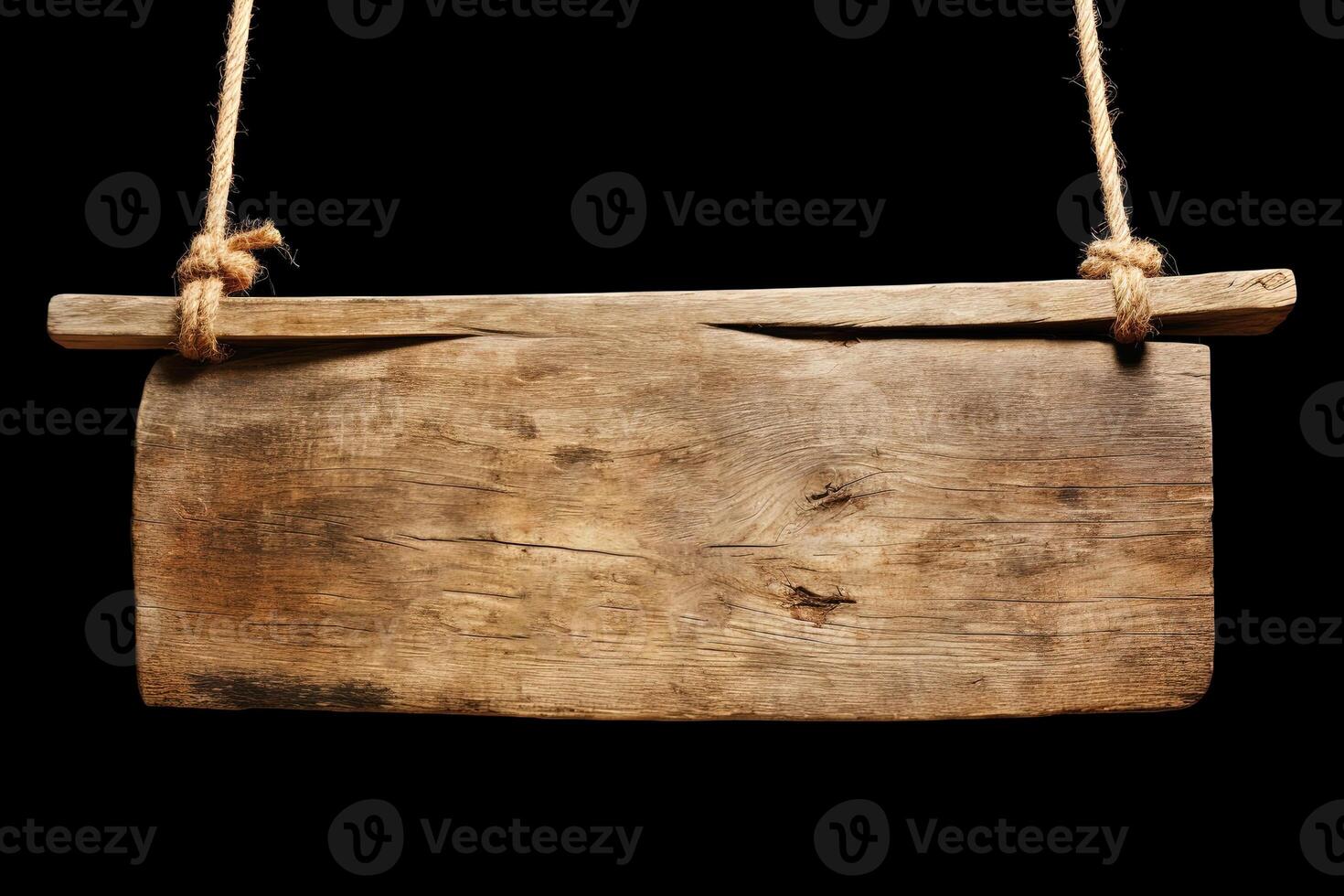 Wooden sign plain hanging from rope isolated on black background. photo