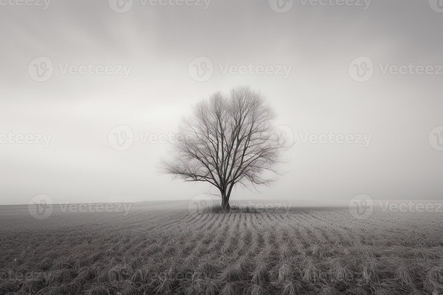 a lone tree stands alone in a foggy field. photo