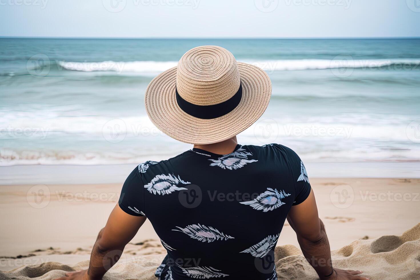 Back view of a man wearing a hat sitting on a beach. photo