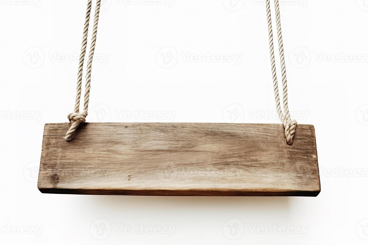 Wooden sign plain hanging from rope isolated on white background. photo