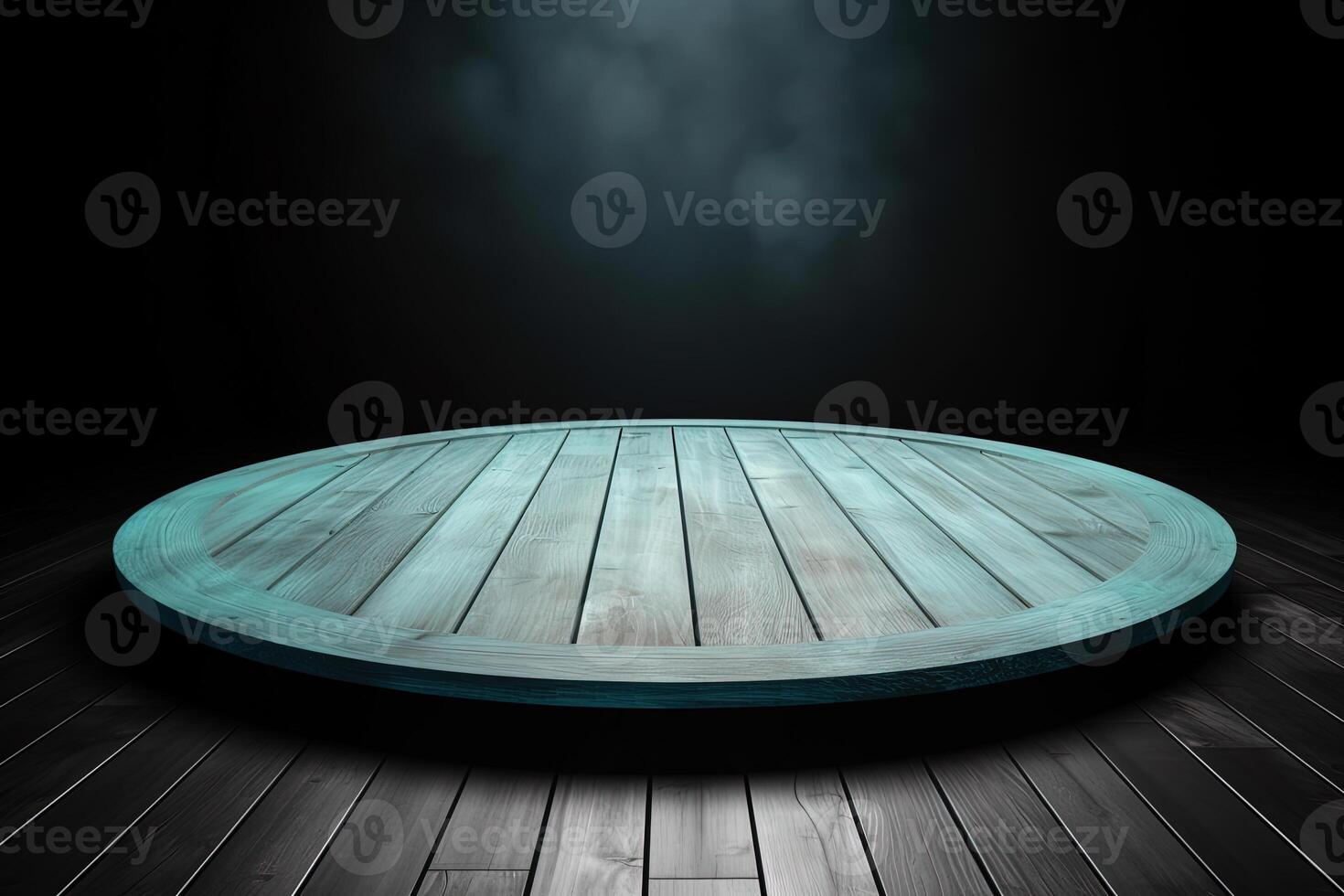 a wooden circular platform podium with a cyan neon light on dark background. photo