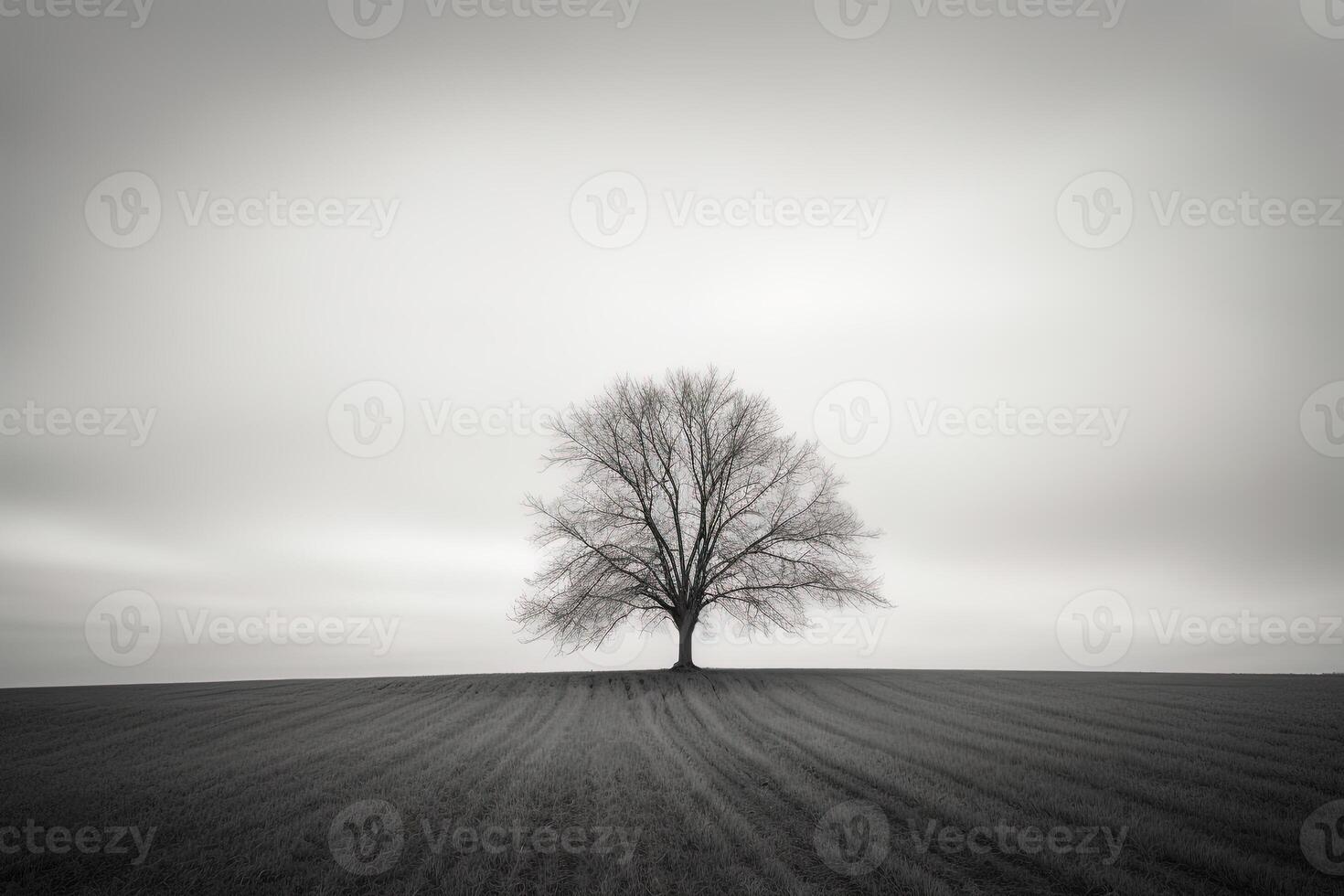 a lone tree stands alone in a foggy field. photo